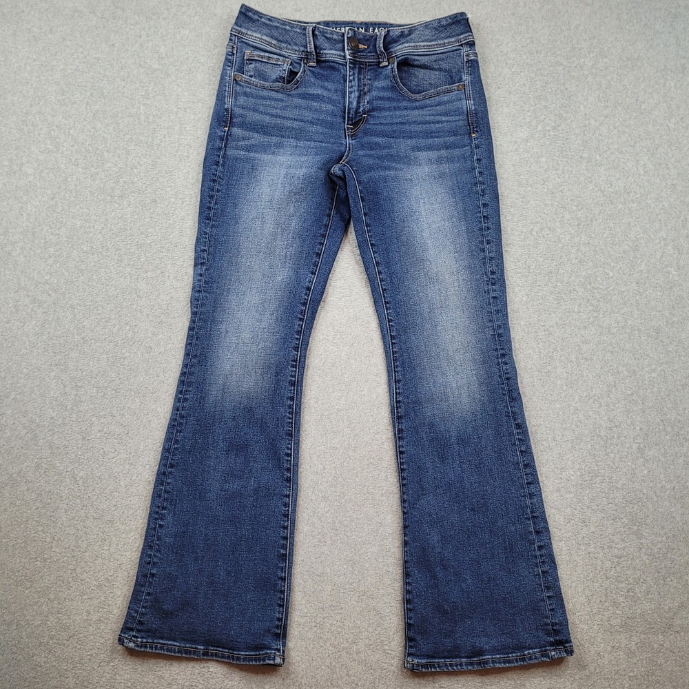 American Eagle Kick Boot Jeans Womens 8 Short Blue Super Stretch Denim Low Rise